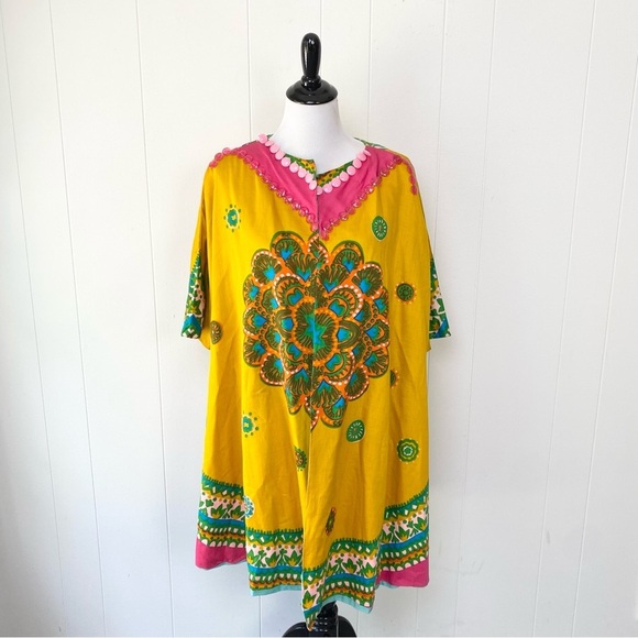 VTG 60s Top Cape Hippie Yellow Hawaiian Cotton Tunic Boho One Size Handmade - Picture 1 of 16